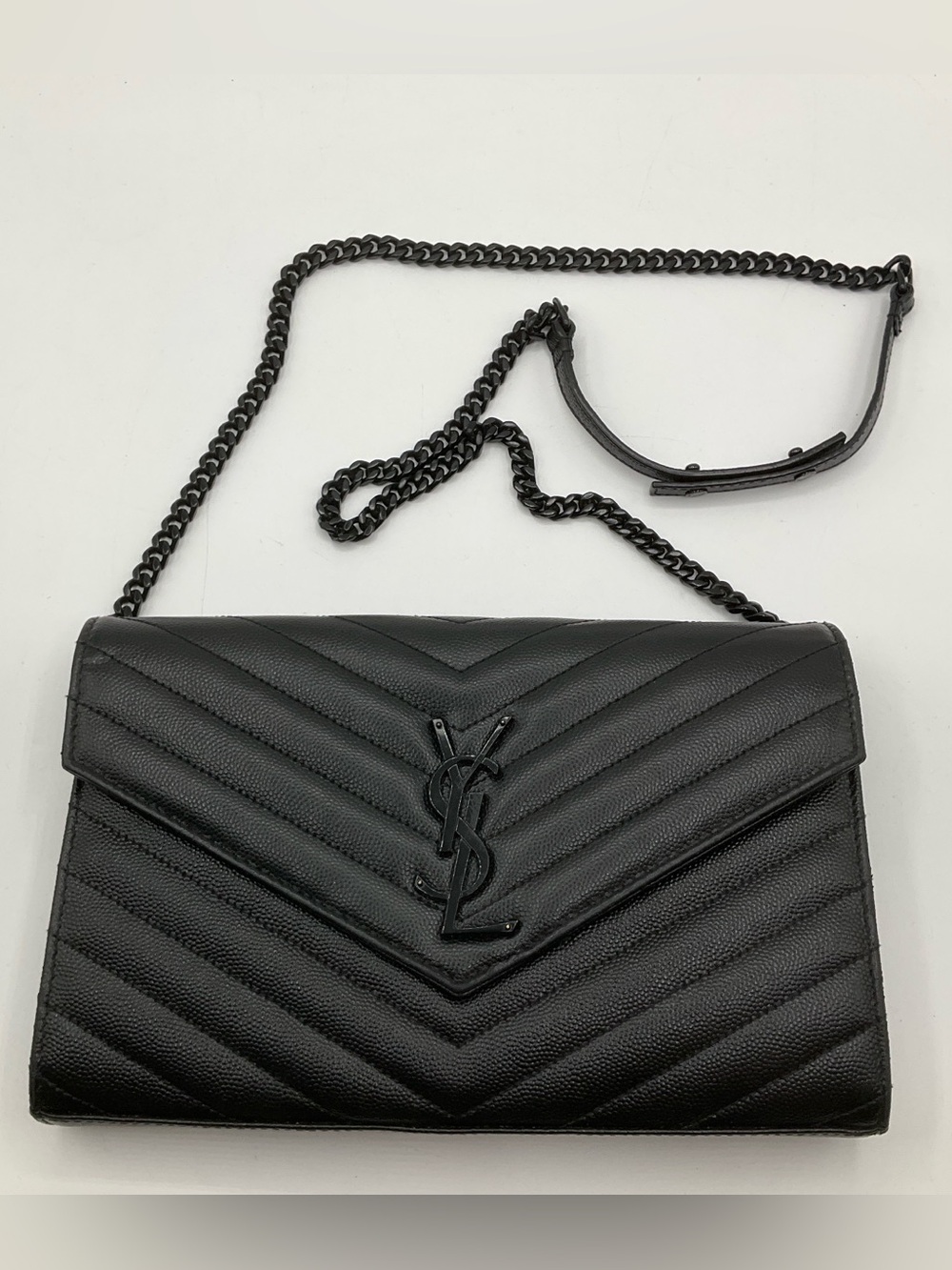 Saint Laurent YSL Cassandre Envelope Chain Wallet Black Leather Authentic